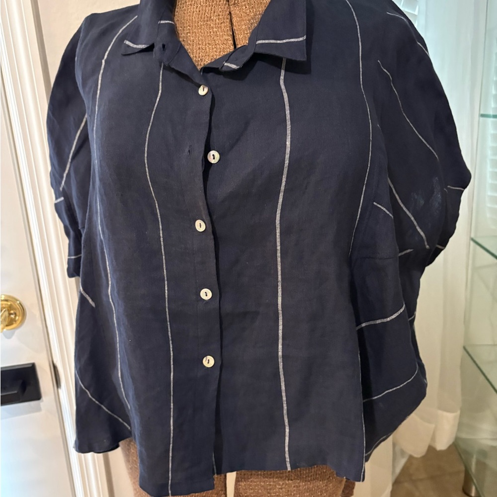 LINI Navy Linen Top with White Pinstripes